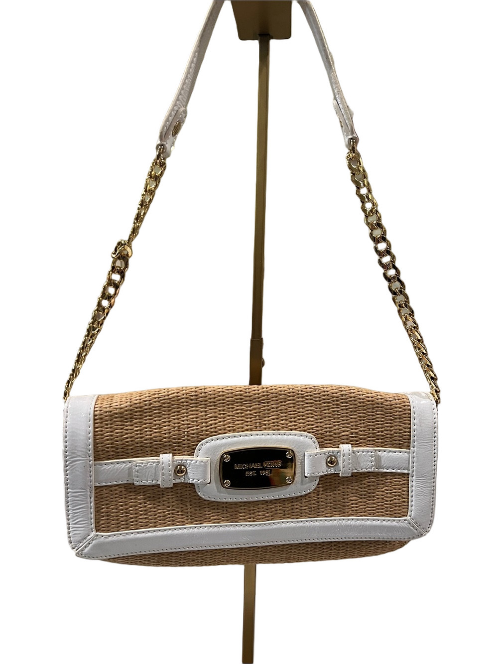 MICHAEL Michael Kors Tan Raffia Shoulder Bag with White Patent Trim - Picture 1 of 12